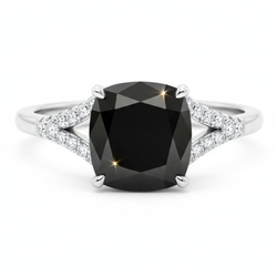 Schwarzer Diamantring 3,2 Karat Echter Kissenschliff Pavé Kathedralfassung 14 Karat Weißgold