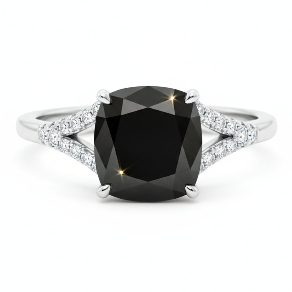 Schwarzer Diamantring 3,2 Karat Echter Kissenschliff Pavé Kathedralfassung 14 Karat Weißgold