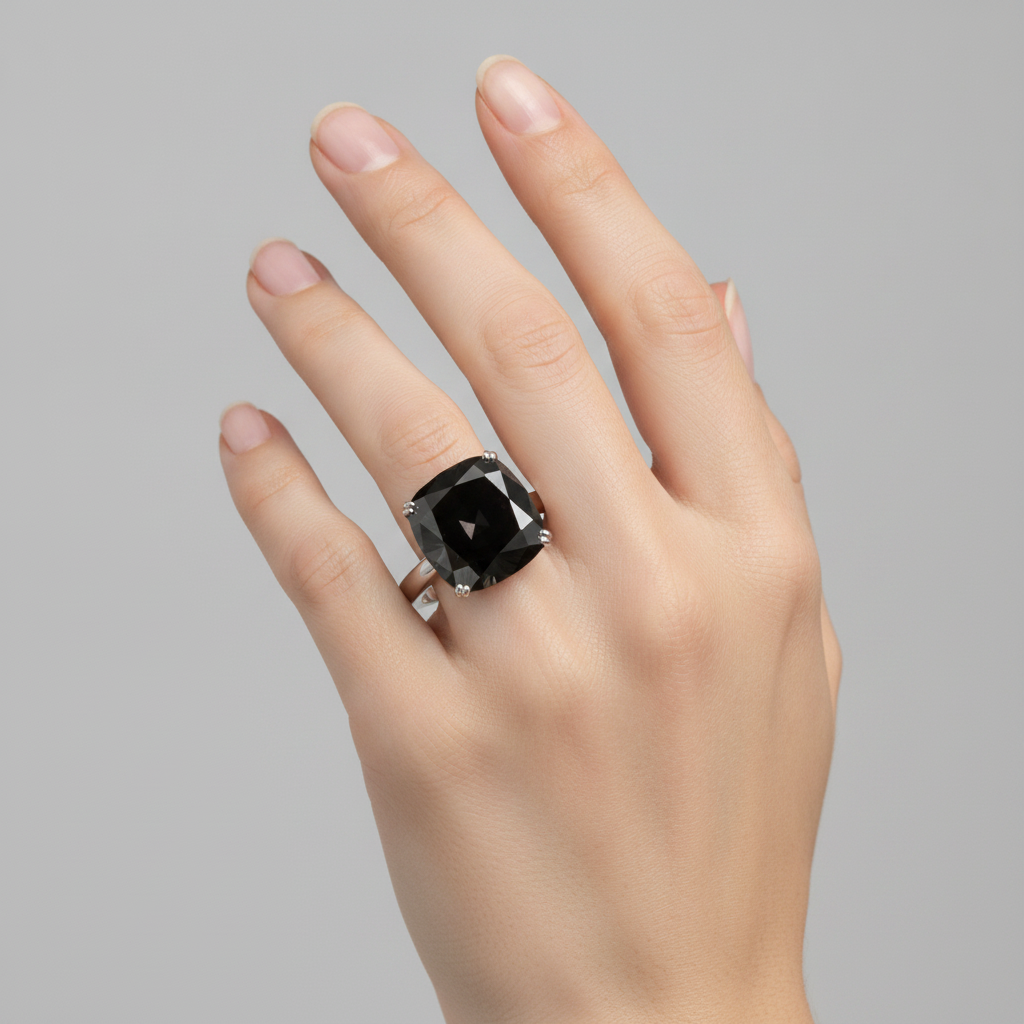 Schwarzer Diamantring 6 Karat Natürlicher Kissenschliff Solitär 14 Karat Weißgold