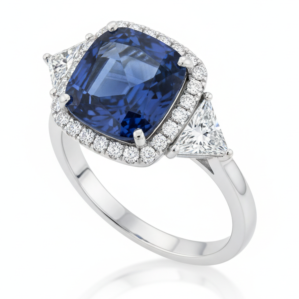 Saphir-Verlobungsring 3,5 Karat Natürlicher blauer Kissenschliff Halo Platin