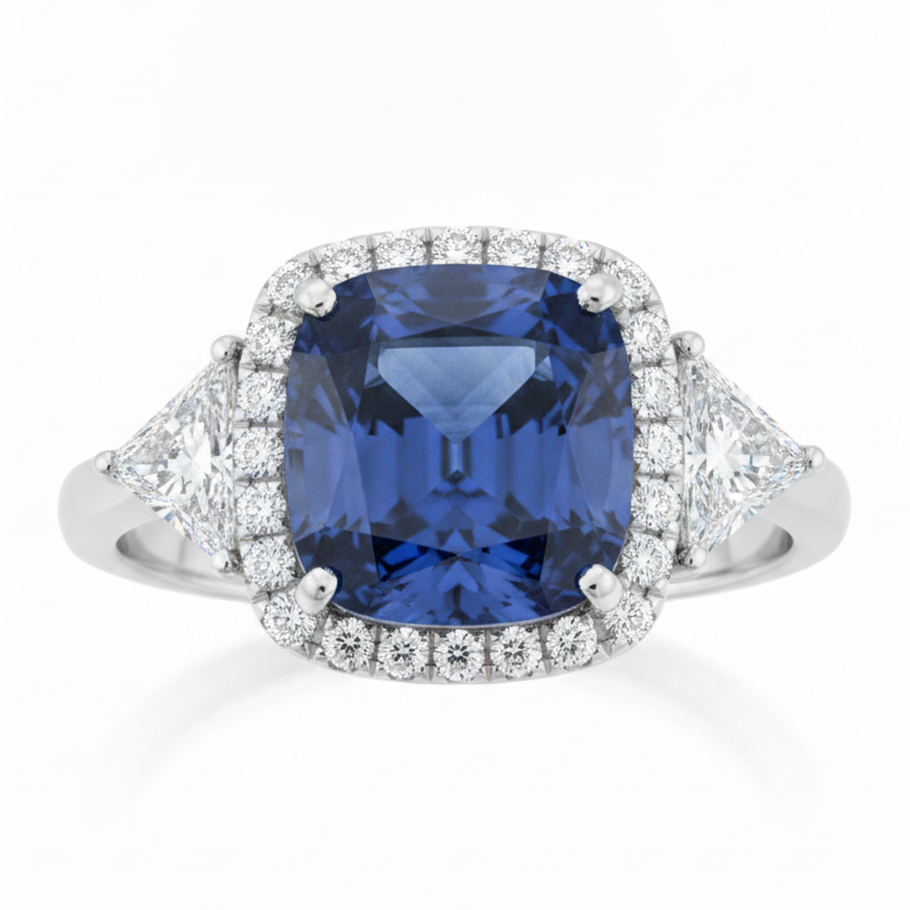 Saphir-Verlobungsring 3,5 Karat Natürlicher blauer Kissenschliff Halo Platin