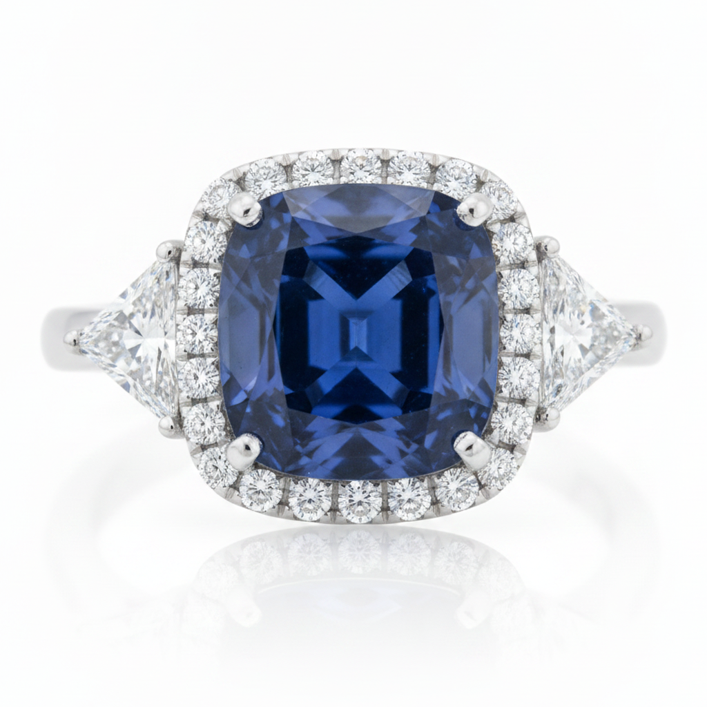 Saphir-Verlobungsring 3,5 Karat Natürlicher blauer Kissenschliff Halo Platin