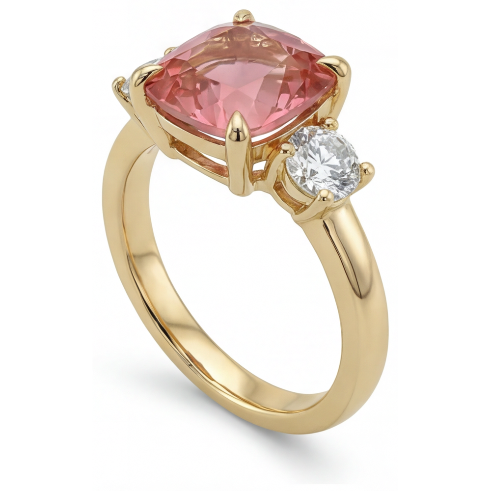 Padparadscha-Saphir Verlobungsring 4,6 Karat im Labor gezüchtet Kissenschliff Drei Steine 14 Karat Gelbgold