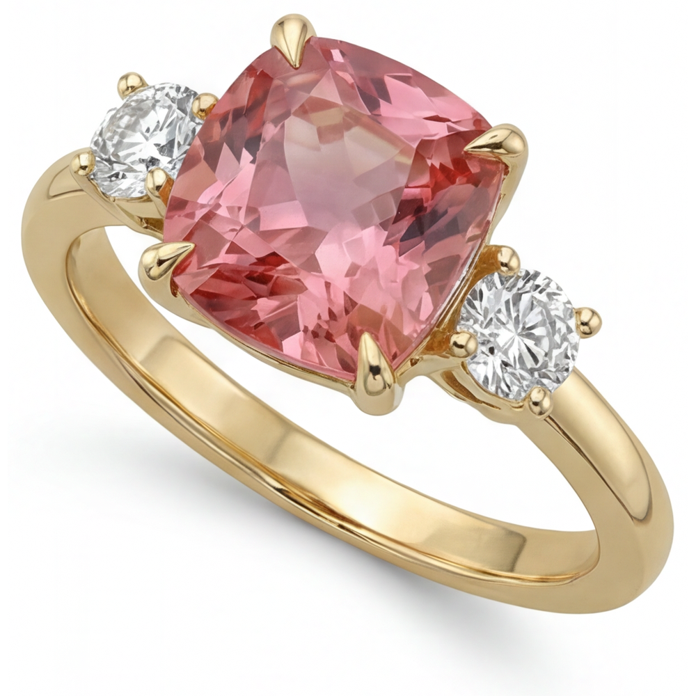 Padparadscha-Saphir Verlobungsring 4,6 Karat im Labor gezüchtet Kissenschliff Drei Steine 14 Karat Gelbgold