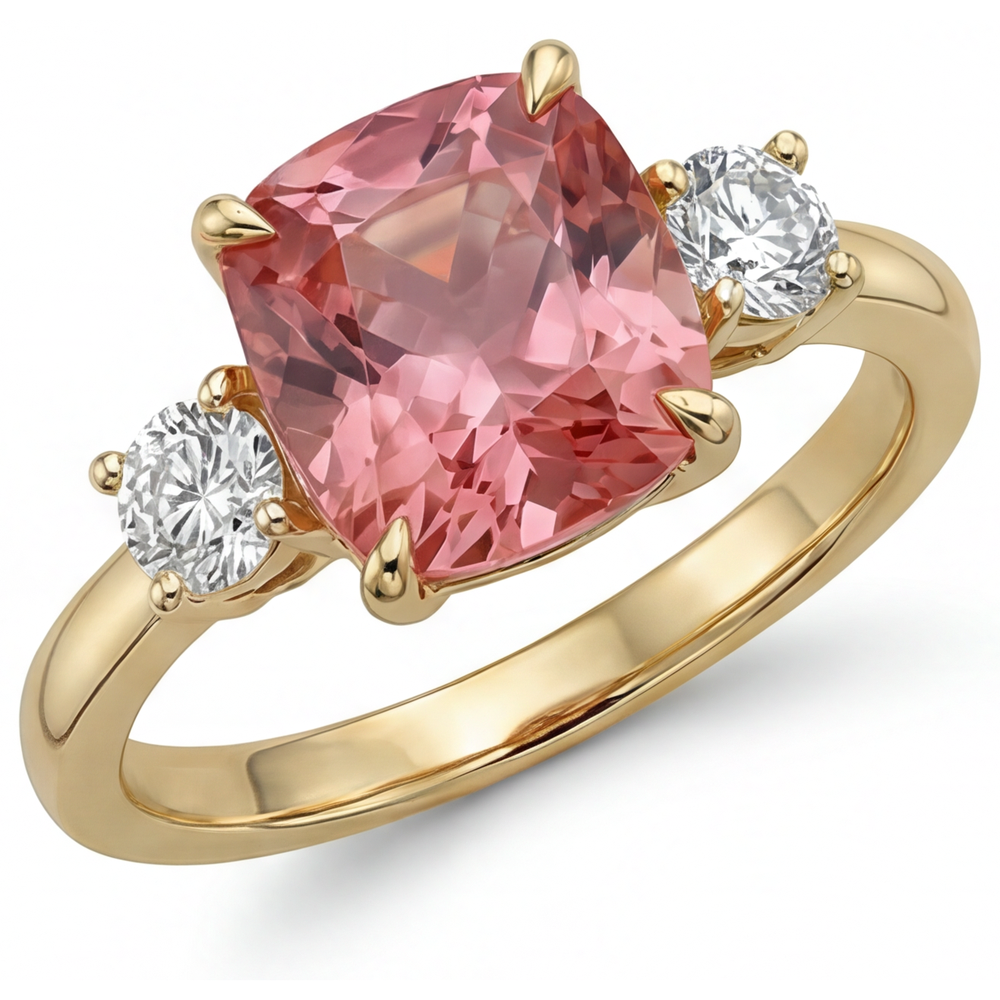 Padparadscha-Saphir Verlobungsring 4,6 Karat im Labor gezüchtet Kissenschliff Drei Steine 14 Karat Gelbgold