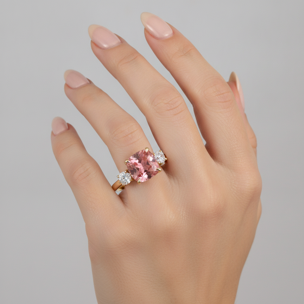 Padparadscha-Saphir Verlobungsring 4,6 Karat im Labor gezüchtet Kissenschliff Drei Steine 14 Karat Gelbgold