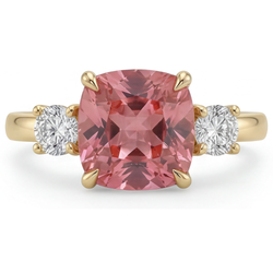 Padparadscha-Saphir Verlobungsring 4,6 Karat im Labor gezüchtet Kissenschliff Drei Steine 14 Karat Gelbgold