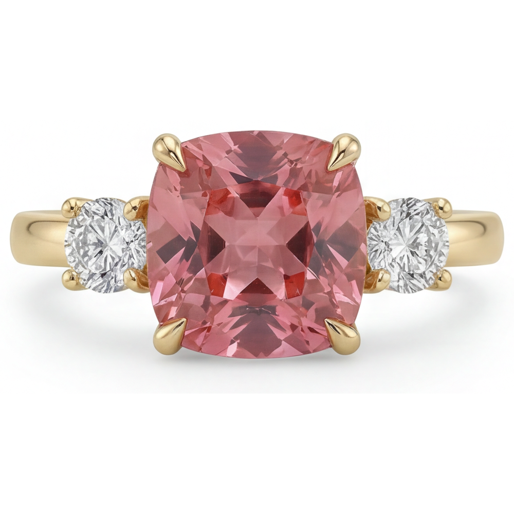 Padparadscha-Saphir Verlobungsring 4,6 Karat im Labor gezüchtet Kissenschliff Dreistein 14 Karat Gelbgold