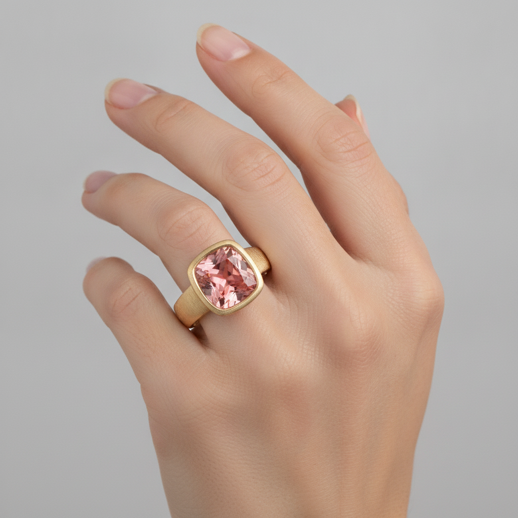 4 Karat im Labor gezüchteter Pfirsich-Padparadscha-Saphir Solitärring mit Lünette im Kissenschliff, 14 Karat Gelbgold