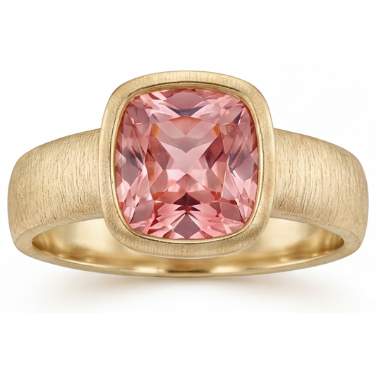 4 Karat im Labor gezüchteter Pfirsich-Padparadscha-Saphir Solitärring mit Lünette im Kissenschliff, 14 Karat Gelbgold