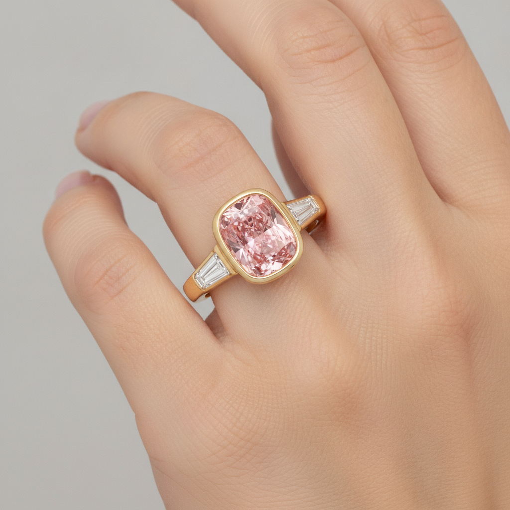 Pfirsichfarbener Saphir 3,9 Karat, natürlicher Padparadscha im Kissenschliff und Dreisteinring mit weißer Baguette-Lünette aus 14 Karat Gelbgold