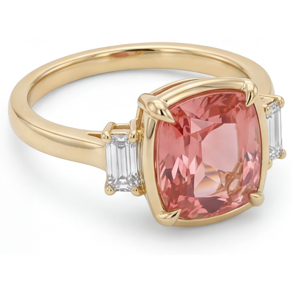 Padparadscha-Saphir- und Diamantring 3,4 Karat Echter Kissenschliff Weiße Baguettes Dreistein 14 Karat Gelbgold