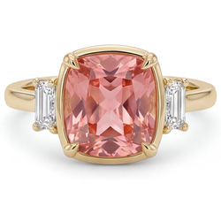 Padparadscha-Saphir- und Diamantring 3,4 Karat Echter Kissenschliff Weiße Baguettes Dreistein 14 Karat Gelbgold