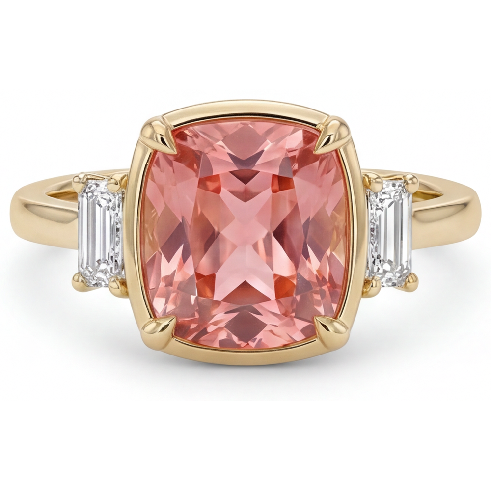 Padparadscha-Saphir- und Diamantring 3,4 Karat Echter Kissenschliff Weiße Baguettes Dreistein 14 Karat Gelbgold