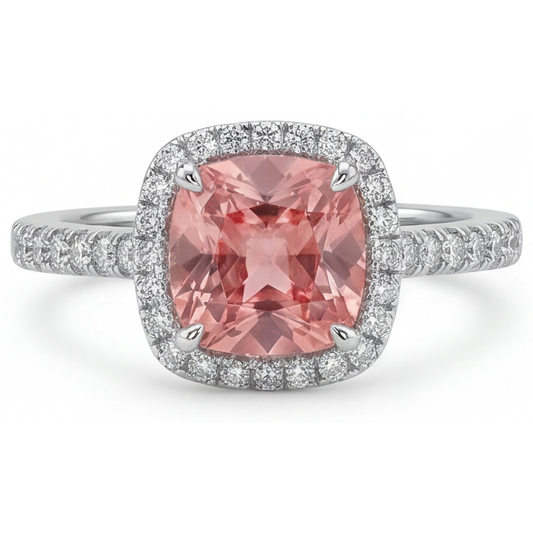 Vintage Padparadscha-Saphir-Ring 2,8 Karat Echter Kissen-Schliff Halo Pavé 14 Karat Weißgold