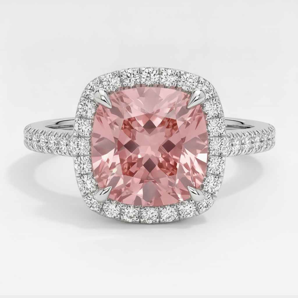 Halo-Pavé-Ring aus 14 Karat Weißgold mit natürlichem Pfirsich-Padparadscha-Saphir im Kissenschliff, 2,8 Karat