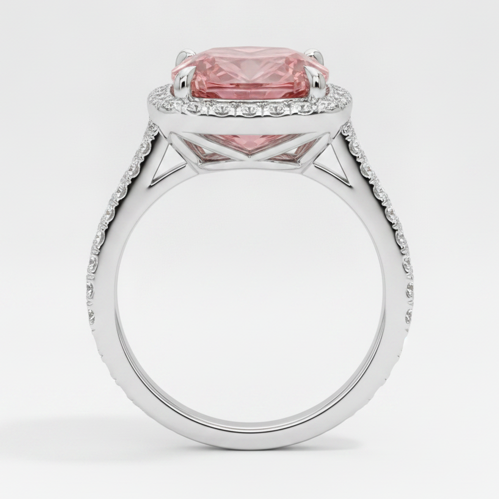 Halo-Pavé-Ring aus 14 Karat Weißgold mit natürlichem Pfirsich-Padparadscha-Saphir im Kissenschliff, 2,8 Karat