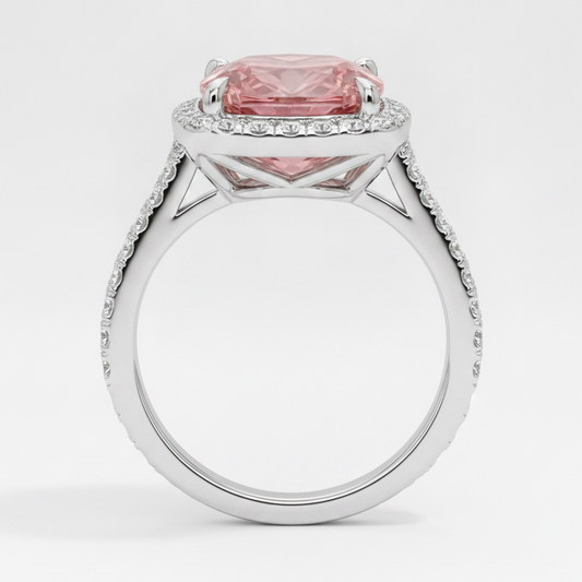 Halo-Pavé-Ring aus 14 Karat Weißgold mit natürlichem Pfirsich-Padparadscha-Saphir im Kissenschliff, 2,8 Karat