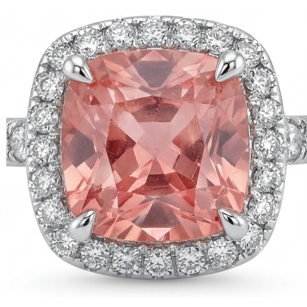 Vintage Padparadscha-Saphir-Ring 2,8 Karat Echter Kissen-Schliff Halo Pavé 14 Karat Weißgold