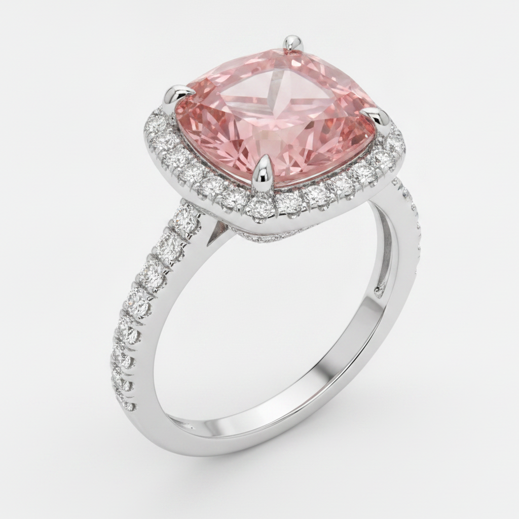 Halo-Pavé-Ring aus 14 Karat Weißgold mit natürlichem Pfirsich-Padparadscha-Saphir im Kissenschliff, 2,8 Karat