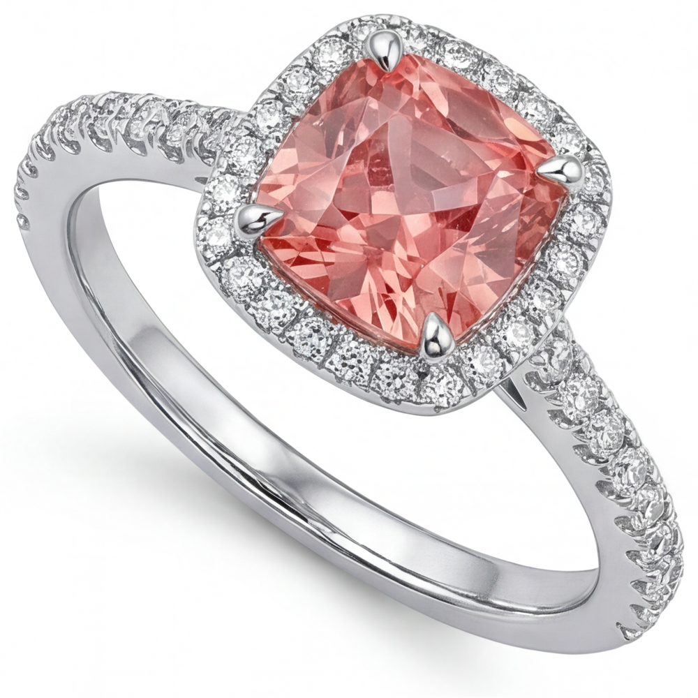 Vintage Padparadscha-Saphir-Ring 2,8 Karat Echter Kissen-Schliff Halo Pavé 14 Karat Weißgold