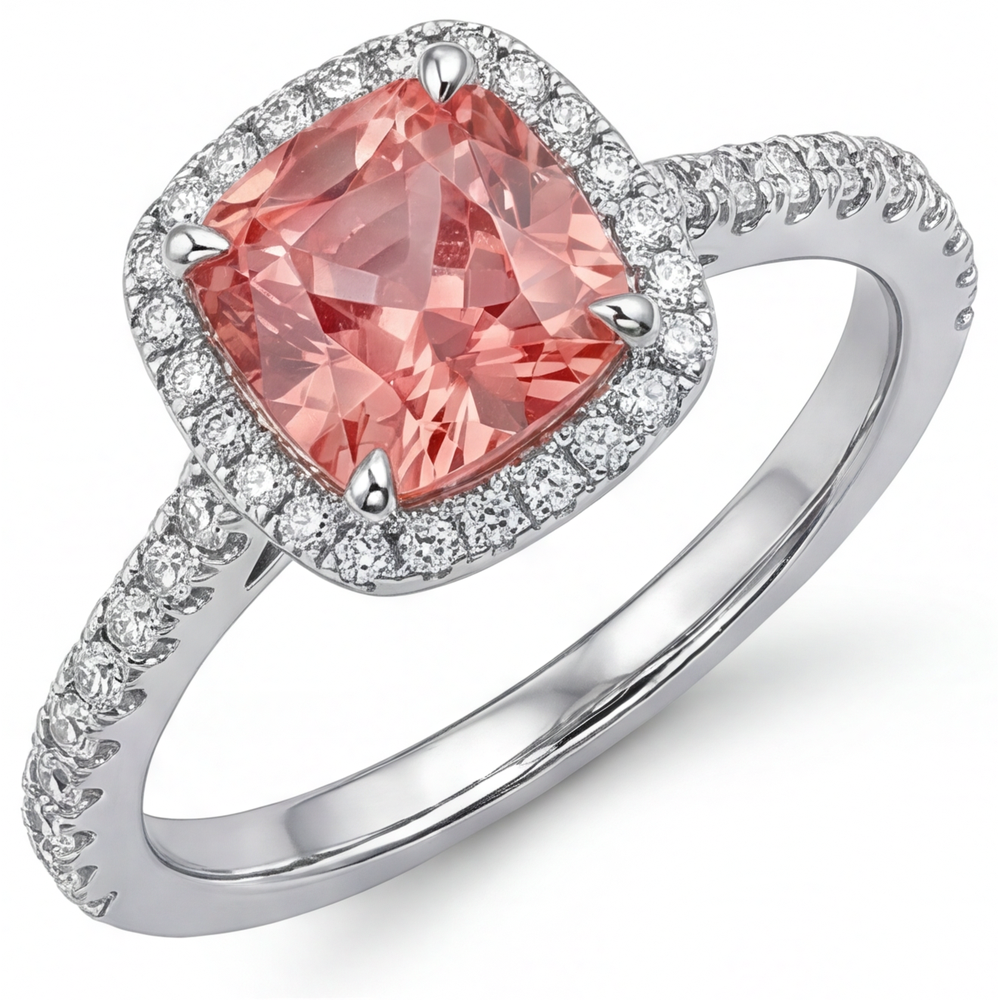 Vintage Padparadscha-Saphir-Ring 2,8 Karat Echter Kissen-Schliff Halo Pavé 14 Karat Weißgold