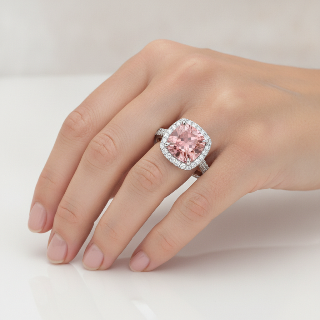Halo-Pavé-Ring aus 14 Karat Weißgold mit natürlichem Pfirsich-Padparadscha-Saphir im Kissenschliff, 2,8 Karat