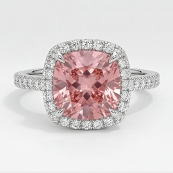 Halo-Pavé-Ring aus 14 Karat Weißgold mit natürlichem Pfirsich-Padparadscha-Saphir im Kissenschliff, 2,8 Karat