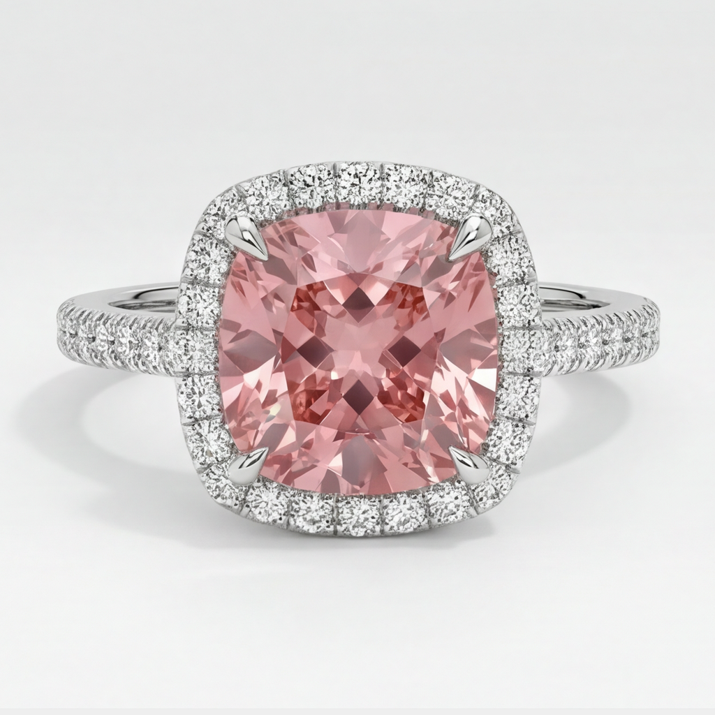Halo-Pavé-Ring aus 14 Karat Weißgold mit natürlichem Pfirsich-Padparadscha-Saphir im Kissenschliff, 2,8 Karat