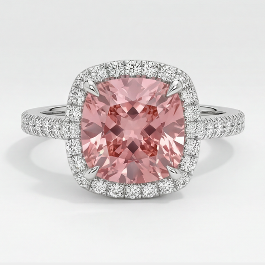 Natürlicher 2,8 Karat Pfirsich-Padparadscha-Saphir Halo-Pavé-Ring im Kissenschliff aus 14 Karat Weißgold