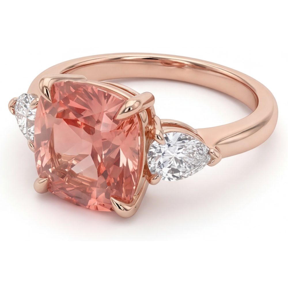 Padparadscha-Saphir Verlobungsring 2,9 Karat Natürlicher Kissenschliff Drei-Stein Schlicht 14 Karat Roségold