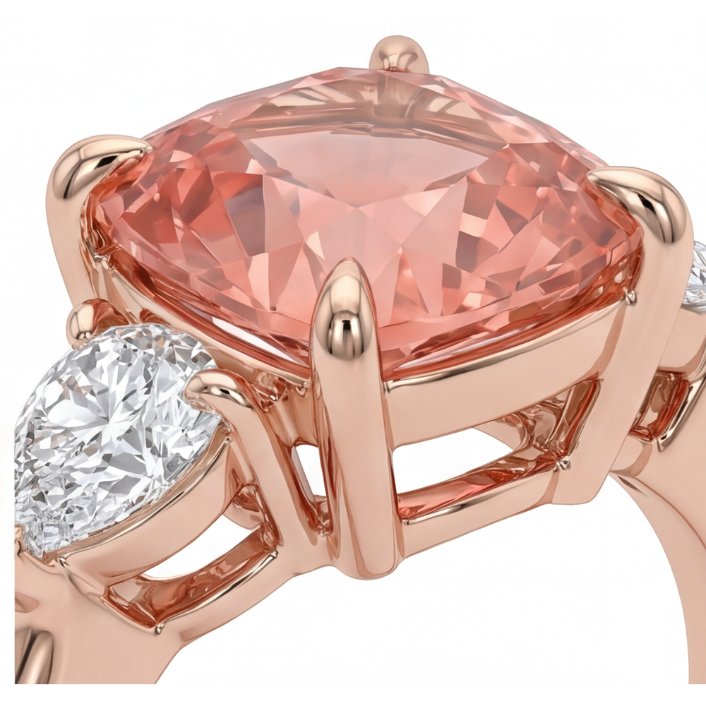 Padparadscha-Saphir Verlobungsring 2,9 Karat Natürlicher Kissenschliff Drei-Stein Schlicht 14 Karat Roségold
