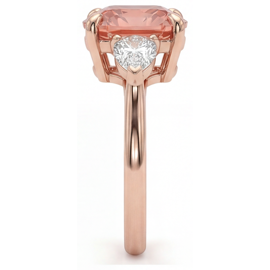 Dreisteinring aus 14 Karat Roségold mit natürlichem Pfirsich-Padparadscha-Saphir im Kissenschliff (2,9 Karat) und weißen Halbmonden
