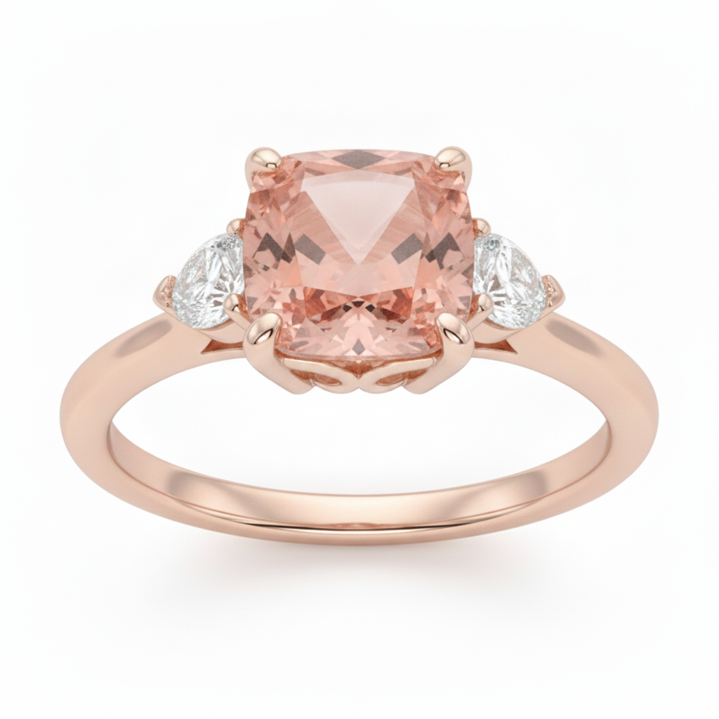 Drei-Stein-Ring aus 14 Karat Roségold mit natürlichem Padparadscha-Pfirsich-Saphir im Kissenschliff (2,9 Karat) und weißen Halbmonden
