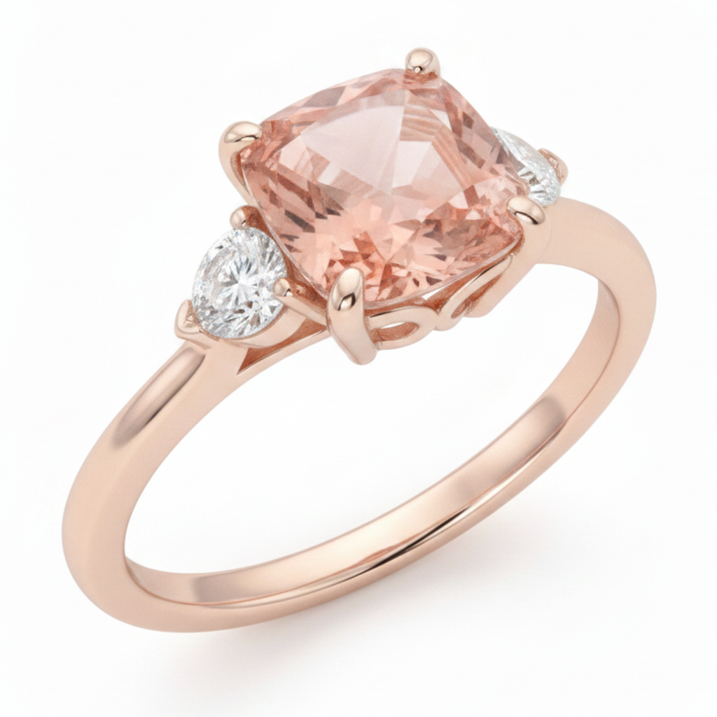 Dreisteinring aus 14 Karat Roségold mit natürlichem Pfirsich-Padparadscha-Saphir im Kissenschliff (2,9 Karat) und weißen Halbmonden