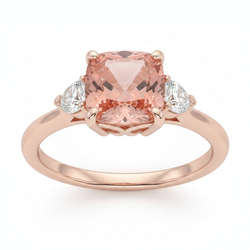 Dreisteinring aus 14 Karat Roségold mit natürlichem Pfirsich-Padparadscha-Saphir im Kissenschliff (2,9 Karat) und weißen Halbmonden