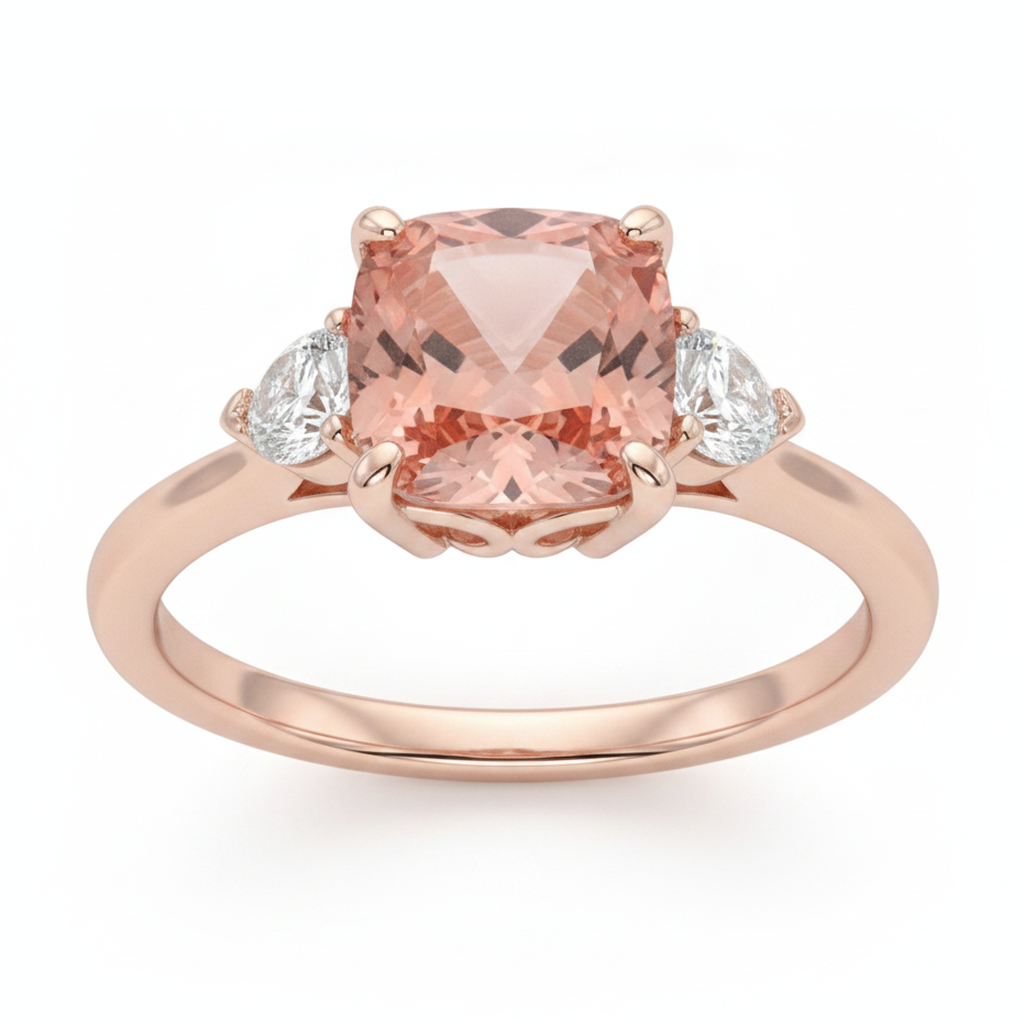 Dreisteinring aus 14 Karat Roségold mit natürlichem Pfirsich-Padparadscha-Saphir im Kissenschliff (2,9 Karat) und weißen Halbmonden