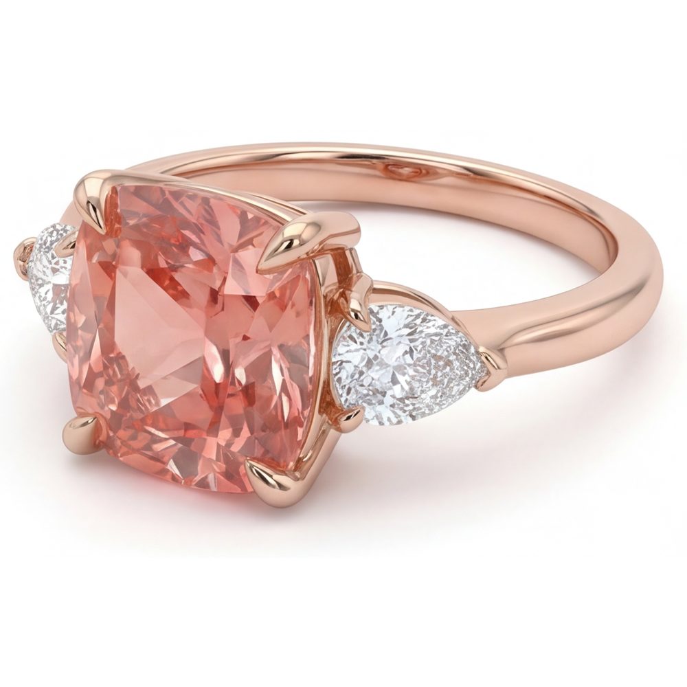 Sich verjüngender Dreisteinring aus 14 Karat Roségold mit natürlichem pfirsichfarbenem Padparadscha-Saphir im Kissenschliff, 2,9 Karat