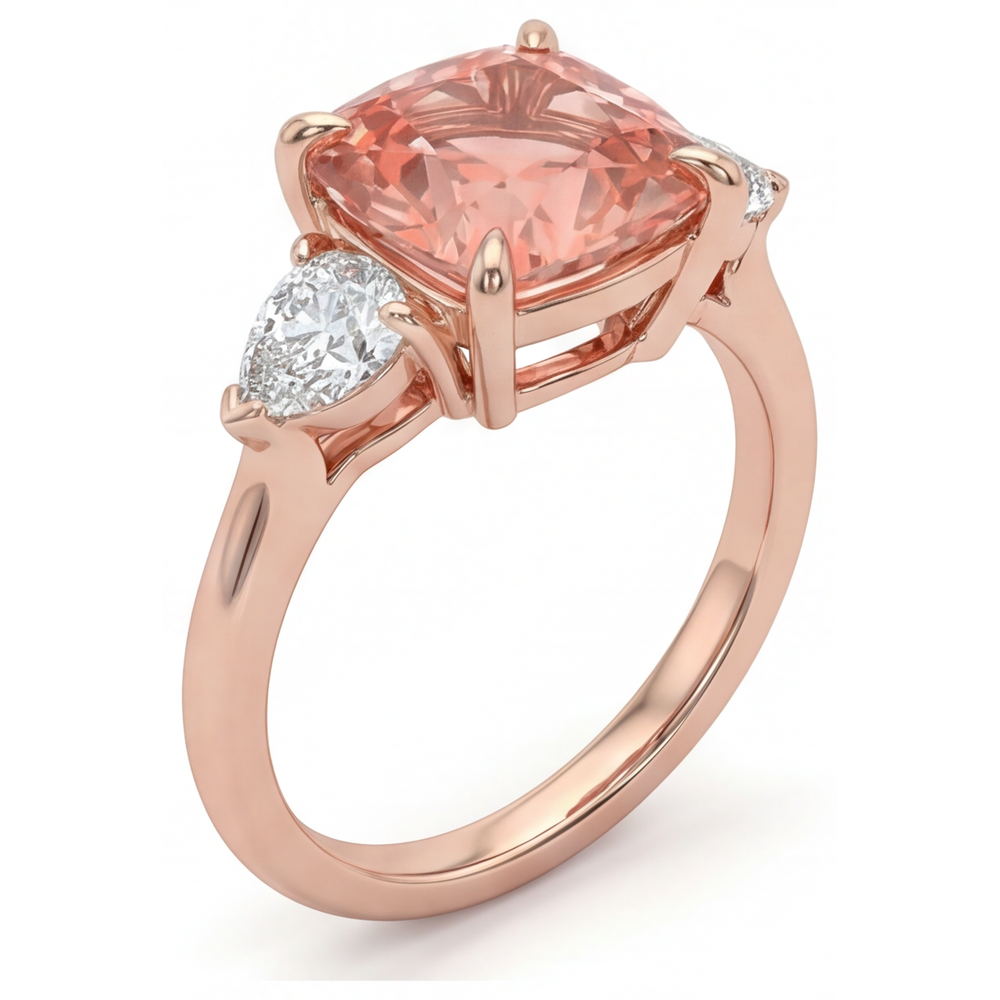 Sich verjüngender Dreisteinring aus 14 Karat Roségold mit natürlichem pfirsichfarbenem Padparadscha-Saphir im Kissenschliff, 2,9 Karat