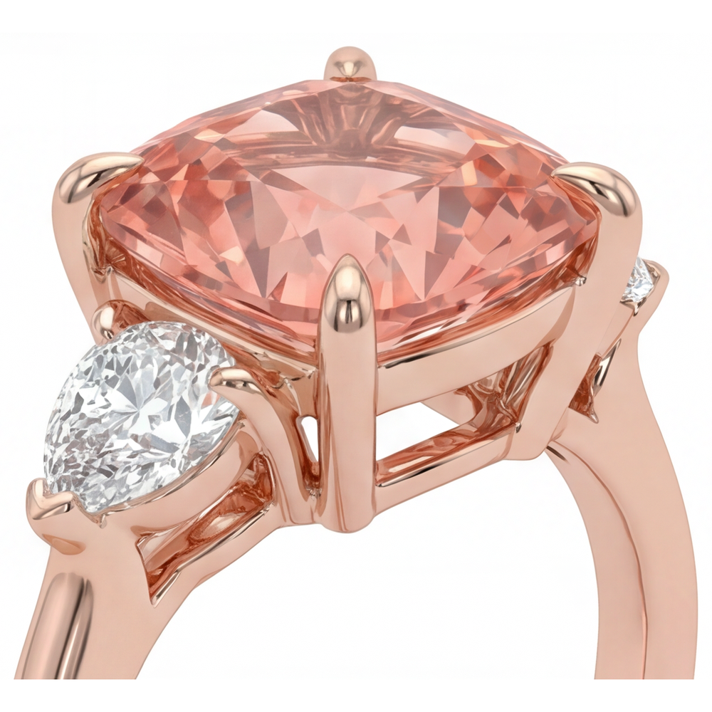 Natürlicher pfirsichfarbener Padparadscha-Saphir 2,9 Karat, sich verjüngender Dreisteinring im Kissenschliff, 14 Karat Roségold