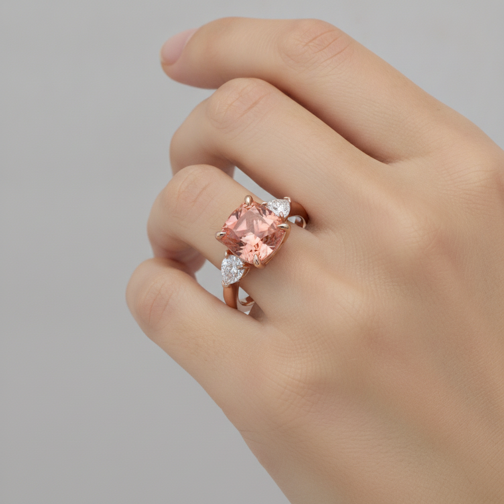 Sich verjüngender Dreisteinring aus 14 Karat Roségold mit natürlichem pfirsichfarbenem Padparadscha-Saphir im Kissenschliff, 2,9 Karat