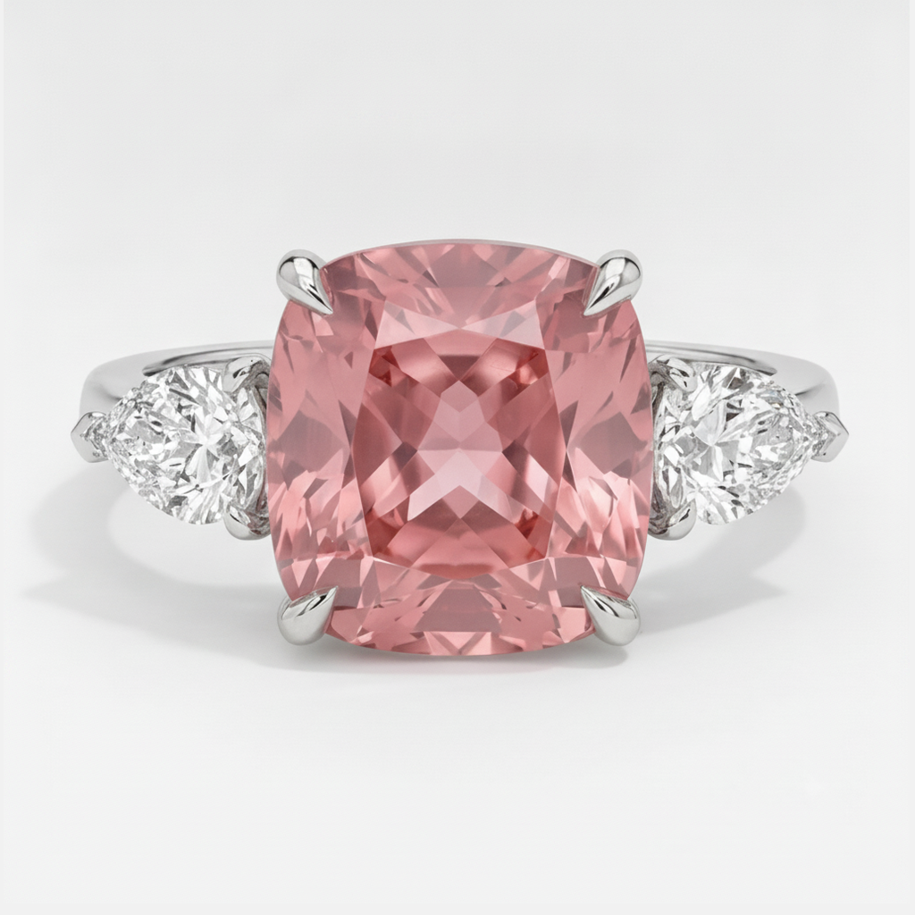 Padparadscha-Saphir-Ring 3,6 Karat natürlicher Kissenschliff Dreistein Platin