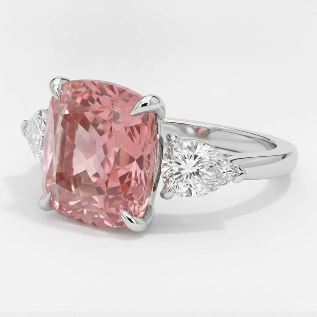 Padparadscha-Saphir-Ring 3,6 Karat natürlicher Kissenschliff Dreistein Platin