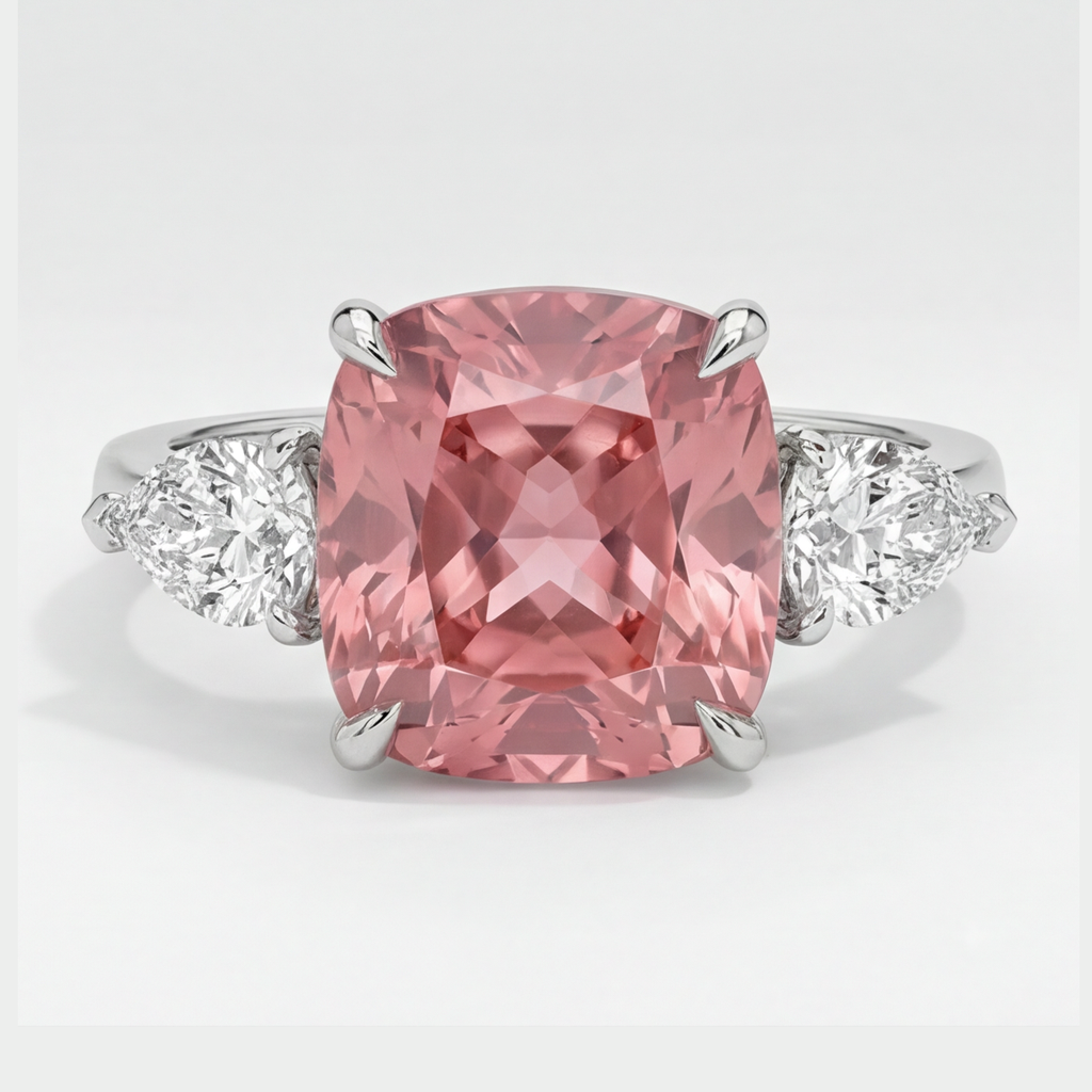 Padparadscha-Saphir-Ring 3,6 Karat Natürlicher Kissenschliff Dreistein Platin