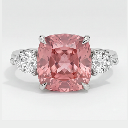 Padparadscha-Saphir-Ring 3,6 Karat Natürlicher Kissenschliff Dreistein Platin