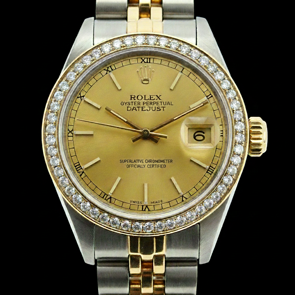 dame Champagne Stock Rolex-Zifferblatt aus Edelstahl und goldenem Jubiläumsarmband
