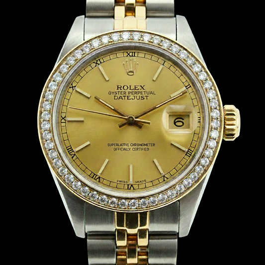 dame Champagne Stock Rolex-Zifferblatt aus Edelstahl und goldenem Jubiläumsarmband