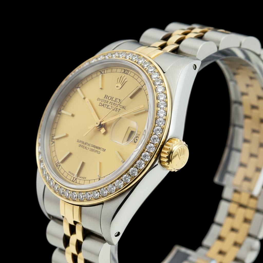 dame Champagne Stock Rolex-Zifferblatt aus Edelstahl und goldenem Jubiläumsarmband