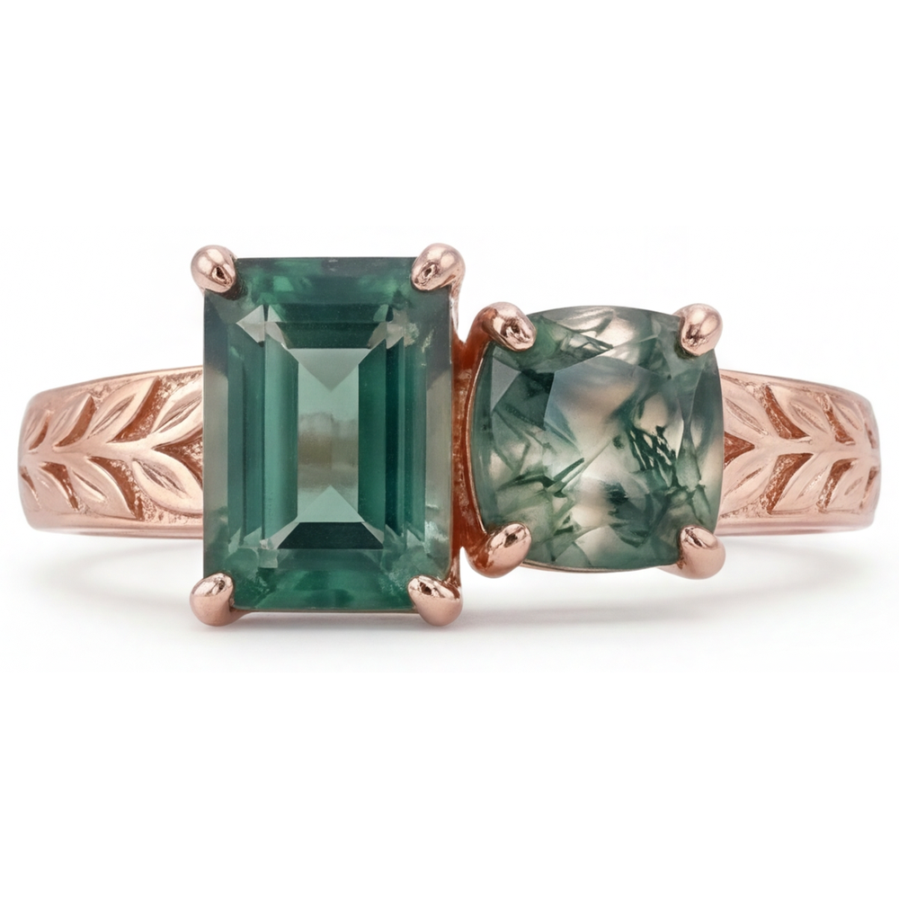 Edelstein-Ring 14 Karat Roségold mit Dendritic Agate – Schrägansicht