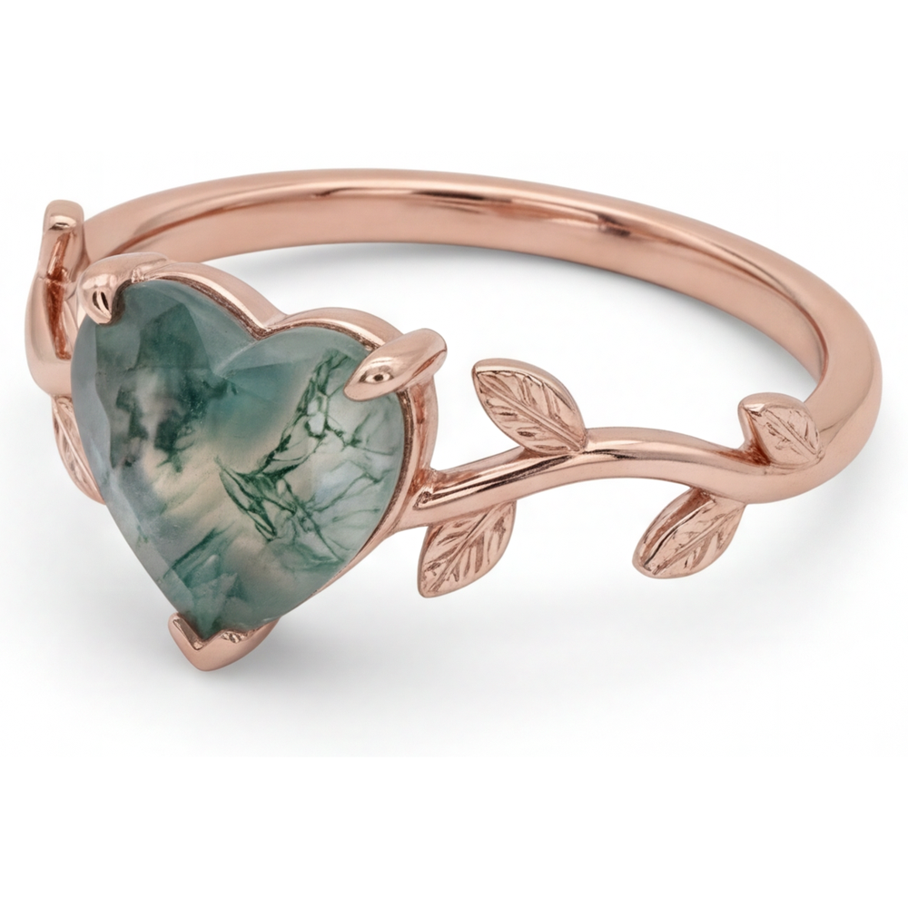 Herz-Schliff Dendritic Agate Ring in 14K Roségold – Seitenansicht